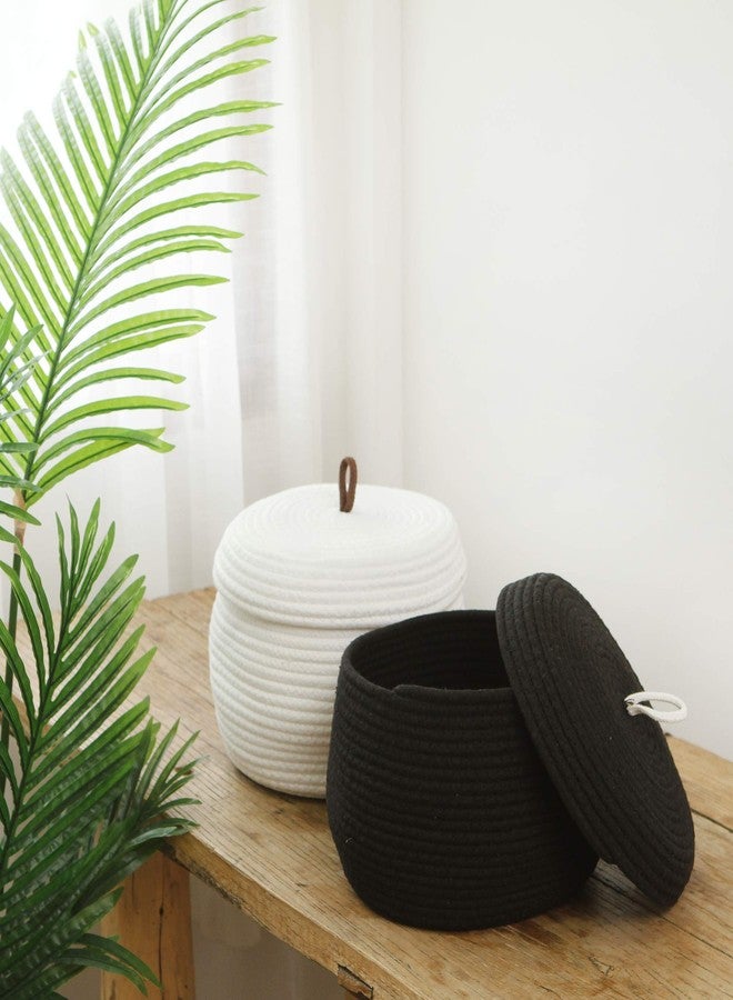 Sea Team Round Cotton Rope Storage Basket with Lid, Decorative Woven Storage Bin, Pot, Caddy, Organizer, Container for Snacks, Towels, Plants, 10 x 7.5 Inches (Small, Black) - Image 2